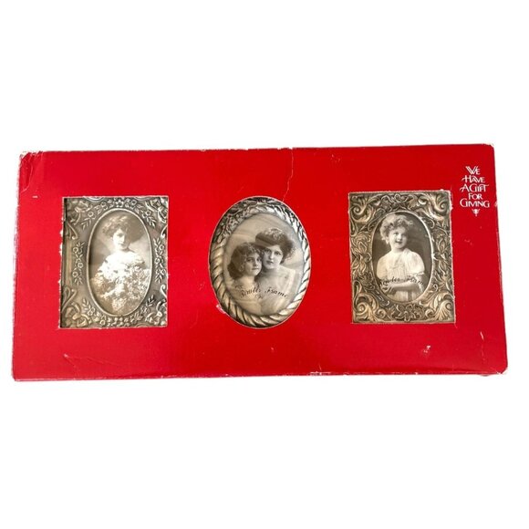 Vintage Pewter Ornate Silver Picture Frame Set With Oval Windows - Picture 1 of 10